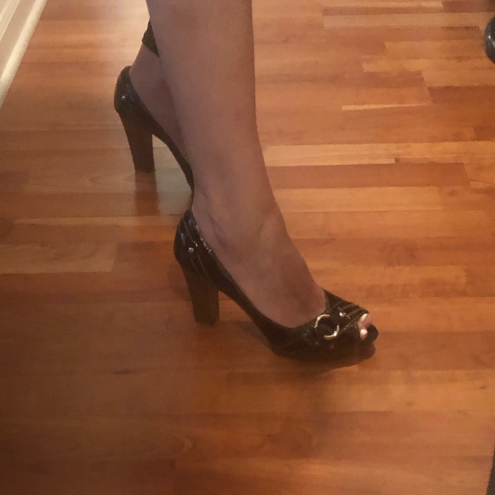 Coach platform peep toe shoes in black patent